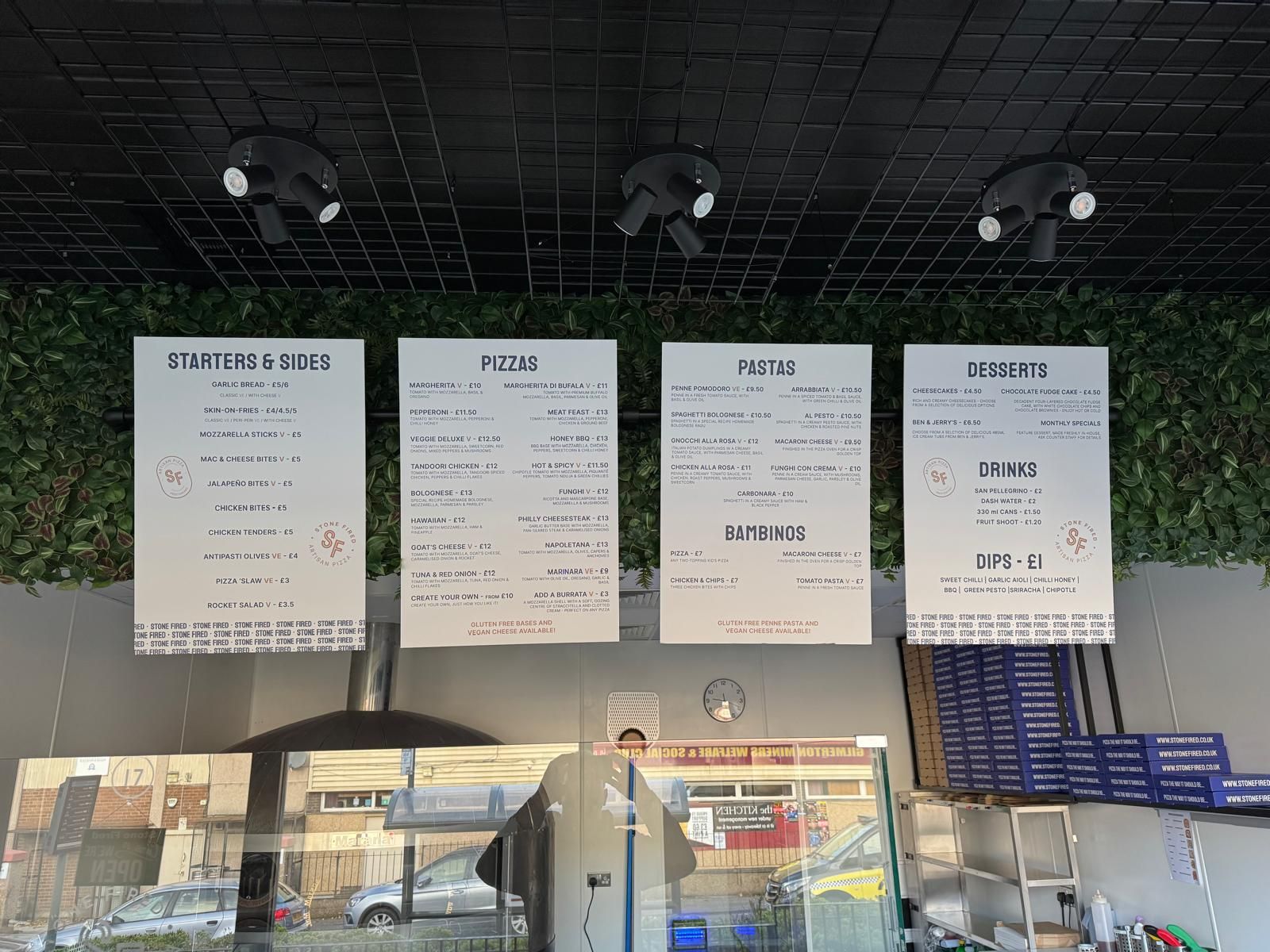 Takeaway shop with menu boards and new ceiling spotlights